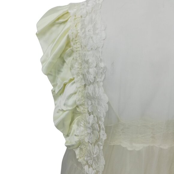 Vintage Pajama Chemise Cover Up Set Size M Ivory Satin 80s Pinup Nightgown Sears - Picture 8 of 16